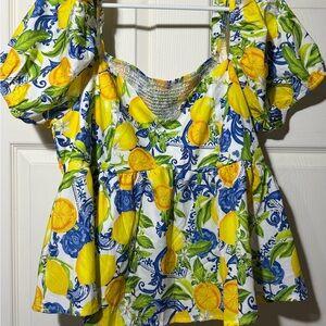 SHEIN Yellow Lemon Print Puff-Sleeve Peplum Blouse